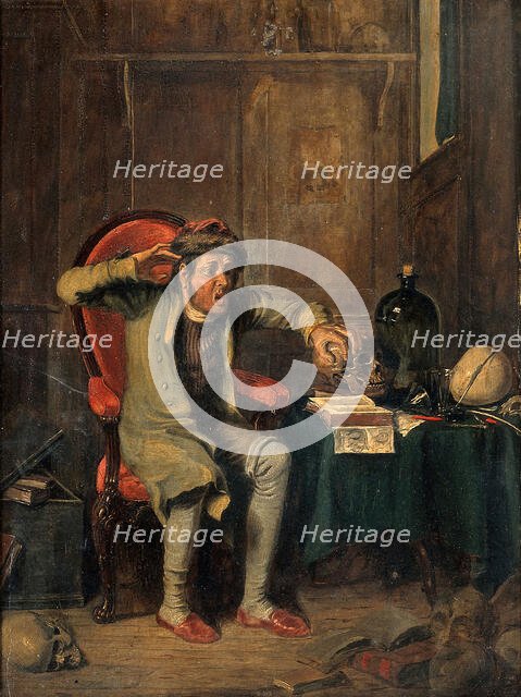 An anxious man comparing his own head to a skull, using the technique of phrenology, 1820-1829. Creator: Theodore Lane.