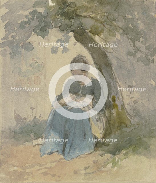 Woman sitting under a tree sewing, c1840-1890s. Creator: Philipp Rumpf.