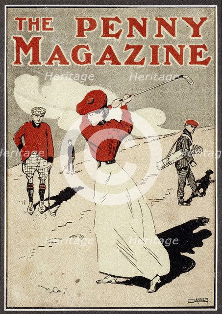 Lady golfer taking a swing on the cover of 'The Penny Magazine', c1900. Artist: Unknown