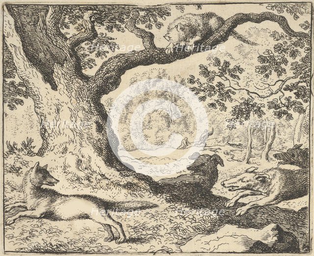 Following Renard's False Story, His Father Is Chased by Hunting Dogs from Hendrick van ..., 1650-75. Creator: Allart van Everdingen.
