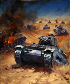 British tanks advance across a desert landscape, between 1939 and 1946. Creators: Central Office of Information, William Krogman.