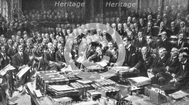 ''Face a L'agresseur, La séance historique du 3 aout 1914 a la Chambre des Communes', 1914. Creator: Samuel Begg.