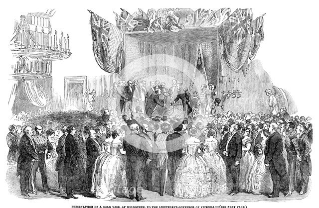 'Presentation of a gold vase, at Melbourne, to the Lieutenant Governor of Victoria', 1854. Artist: Unknown
