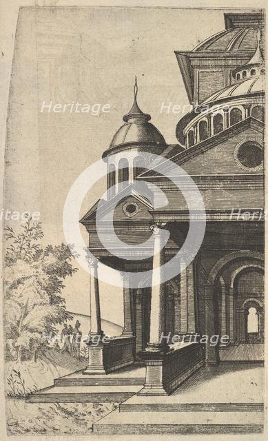 Half of Building [Templum Saturni] from the series 'Ruinarum variarum fabricarum delineati..., 1554. Creator: Lambert Suavius.