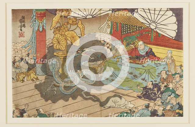 Manifestation of the Seven-faced divinity at Minobuzan, 9th month 1277,  19th century. Artist: Utagawa Kuniyoshi.