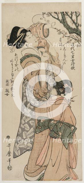 Mother Lifting a Child to a Plum Tree..., late 1790s. Creator: Kitagawa Utamaro (Japanese, 1753?-1806).
