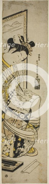 Woman Writing a Letter in Front of a Screen, early 1740s. Creator: Ishikawa Toyonobu.