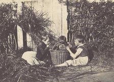 Trois jeunes enfants assis autour d'un panier, 1850-53. Creator: Unknown.