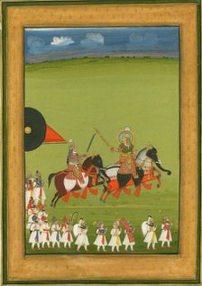 Rajah and son on horses disguised as elephants, and suite of attendants, c. 1810. Artist: Indian Art  
