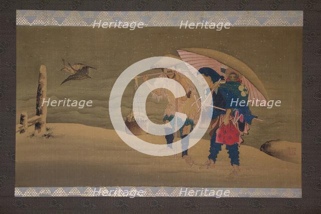 Monkey Showman and Porter(?) in the Snow, 19th century. Creator: Hokuga.