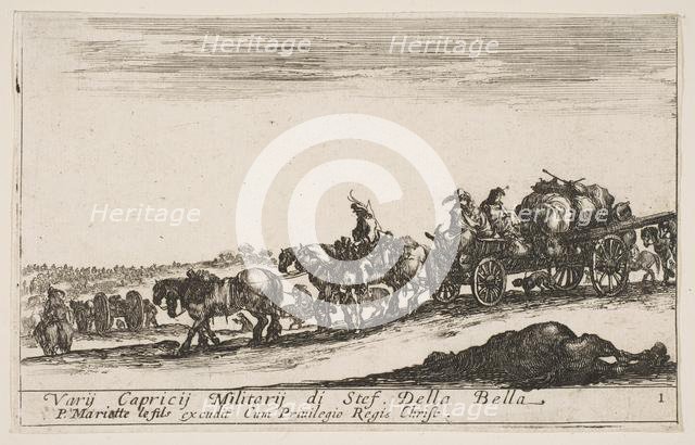 Plate 1: A horse drawn cart carrying people and goods, dead horse in the foreground, f..., ca. 1641. Creator: Stefano della Bella.