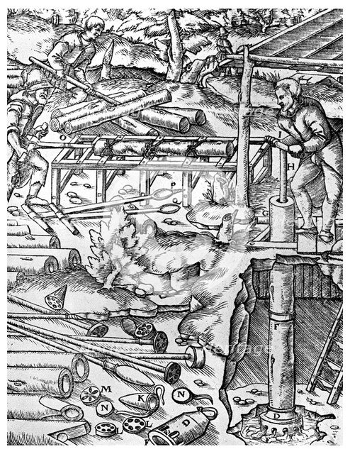 Making and using elm tree pumps to drain mines before the days of the steam engine, 1556 (1956). Artist: Unknown
