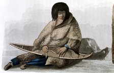 Copper Indian girl mending snow shoe, 1823. Artist: John Franklin