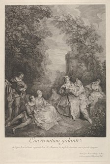 Gallant conversation' (Conversation galante): couples engage in conversation in a garden ..., 1743. Creator: Jacques Philippe Le Bas.