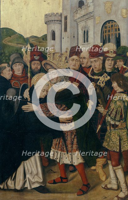King Ferdinand I of Castile welcomed Saint Dominic of Silos, 1478-1480. Artist: Bermejo, Bartolomé (ca 1440-ca 1498)