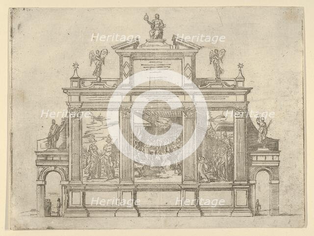 Facade of a triumphal monument with three scenes depicting deeds of Pope Clement VIII, a t..., 1598. Creator: Guido Reni.