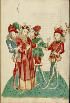 King Avenir with Courtiers Converses with Josaphat; Barlaam und Josaphat, 1469. Creators: Hans Schilling, Diebolt Lauber.