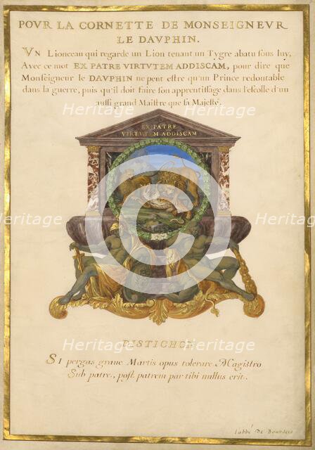 Escutcheon with a Lion Attacking a Cheetah; Nine Emblems for Louis XIV, about 1663-1668. Creator: Jacques Bailly.