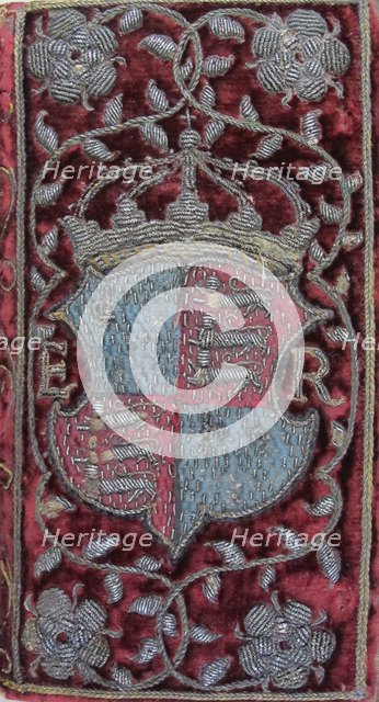 Embroidered velvet binding on John Udall's Sermons with the arms of Elizabeth I, 1596. Artist: Anonymous master  