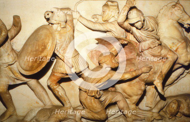 Greeks fight Persians, the Alexander Sarcophagus, Sidon, 4th century BC, (20th century). Artist: Unknown.