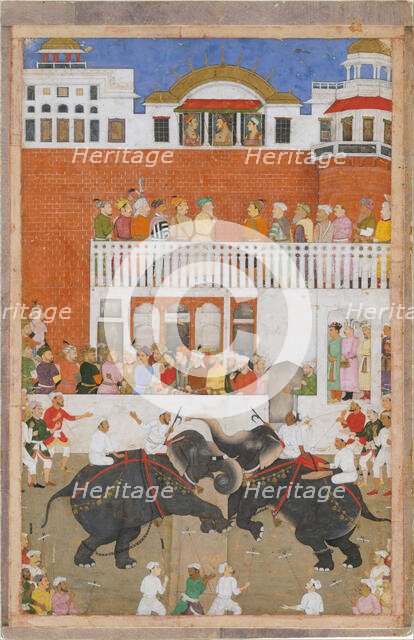 Shah Jahan Watching an Elephant Fight, Folio from a Padshahnama, probably 1639. Creator: Bulaqi.
