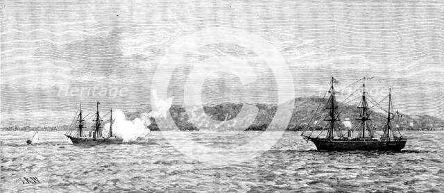 The Germans in East Africa - the Corvette Carola shelling Kilwa Kivinje, May 1., 1890. Creator: Josiah Robert Wells.