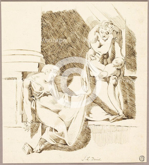 Seated Troubadour Looking at Woman Asleep on Ledge, n.d. Creator: Unknown.