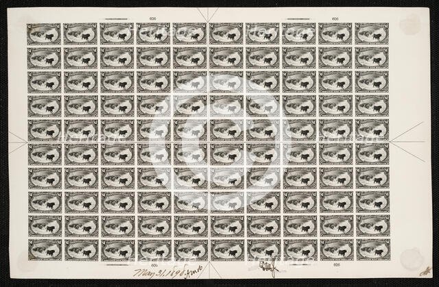 $1 Trans-Mississippi Western Cattle in Storm plate proof sheet, May 31, 1898. Creator: Bureau of Engraving and Printing.