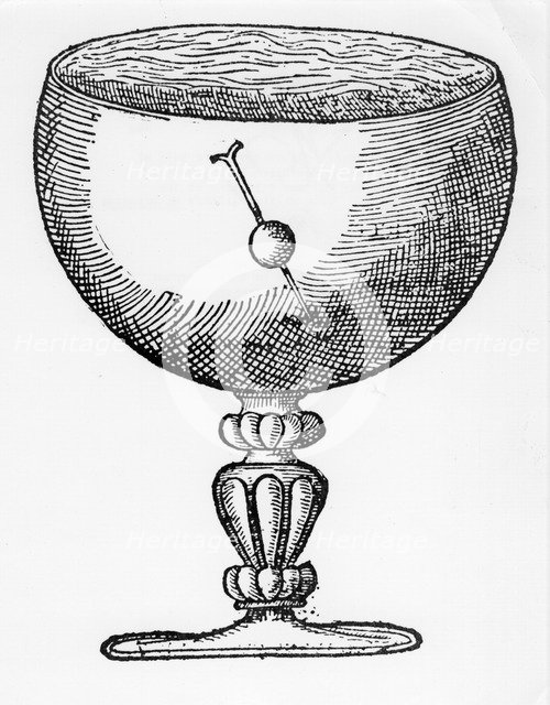A magnetized needle pushed through a ball of cork, floating submerged in a goblet of water, 1600. Artist: Unknown