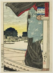 Distant View of Matsuchi Hill from the Sumida River (Sumidagawa yori Matsuchiyama enkei), ..., 1884. Creator: Kobayashi Kiyochika.