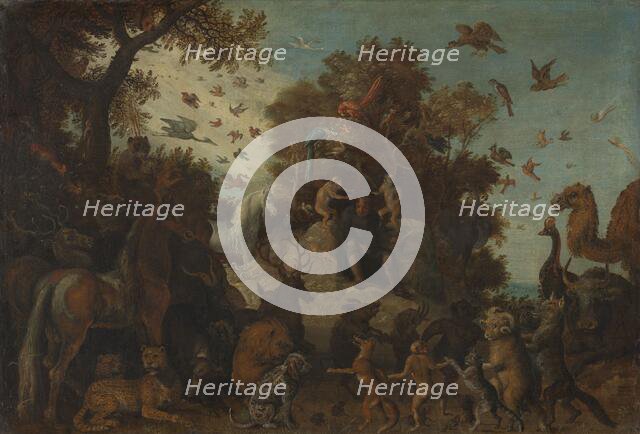 The poet crowned by two apes at the feast of the animals, 1623. Creator: Workshop of Roelant Savery.