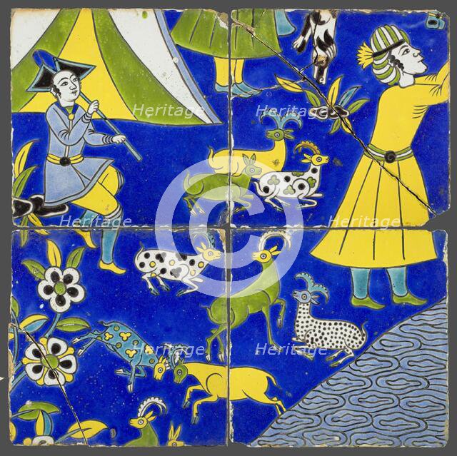Four Tiles with a Figural Scene, Safavid dynasty (1501-1722), 17th century. Creator: Unknown.
