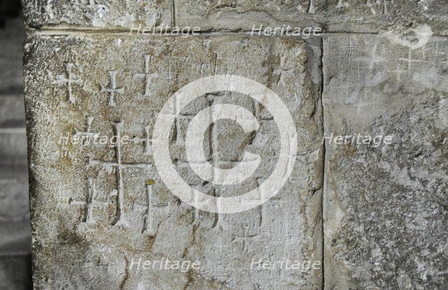 Crusader graffiti on the walls of the stairs leading to the Chapel of Saint Helena. Creator: Unknown.