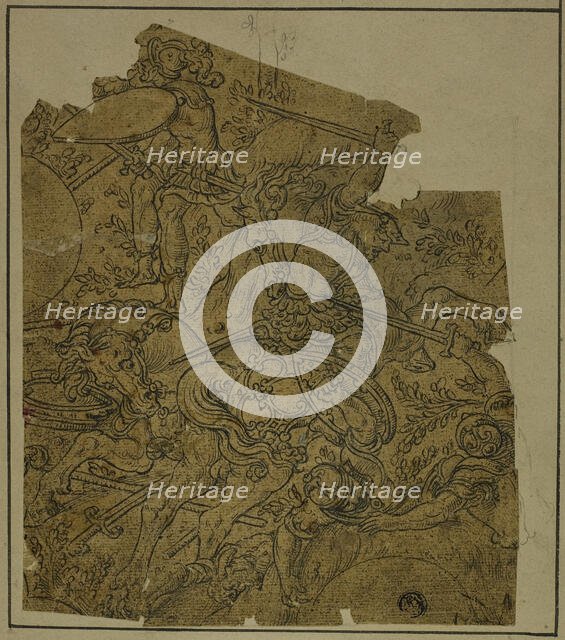 Fragment:  Armed Warriors on Horseback Fighting Foot Soldiers, n.d. Creator: Unknown.