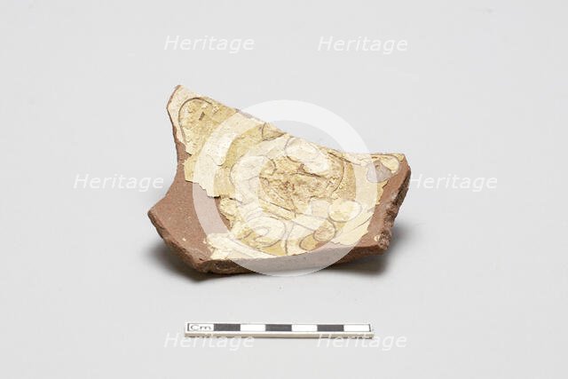 sherd, red body, white slip, yellow glaze, Mamluk period, 1250-1516. Creator: Unknown.