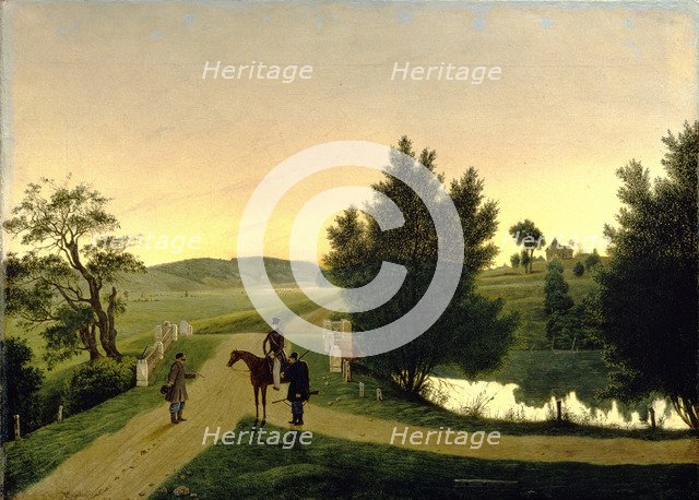 Landscape with hunters. Artist: Shchedrovsky, Ignati Stepanovich (1815-1870)