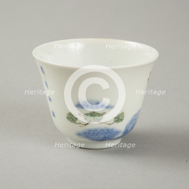 Polychrome and underglaze blue month cup with enamel decoration, 1980s. Artist: Unknown.