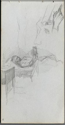 Sketchbook, page 71: Study of a Figure Reading in Bed, Study of a Hand. Creator: Ernest Meissonier (French, 1815-1891).