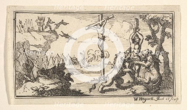 Crucifixion, etc. (John Beaver, Roman Military Punishments, 1725), after 1725. Creator: William Hogarth.