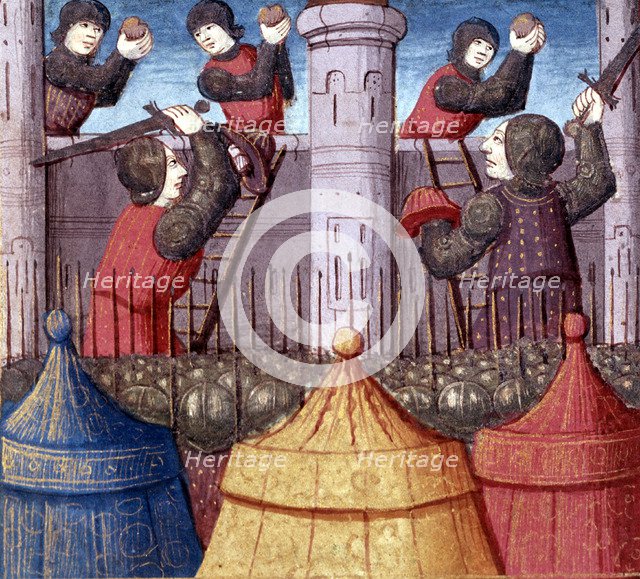 Assault and taking of a castle by the knights of King Arthur, miniature in the incunable 'Lancelo…