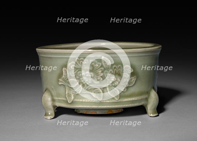 Incense Burner in Form of Archaic Lian with Peonies in Refief: Longquan Ware, 14th Century. Creator: Unknown.