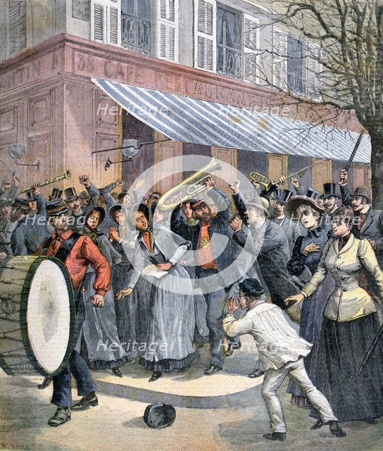 Salvation Army march led by a drummer being barracked by onlookers in Paris, 1892. Artist: Henri Meyer