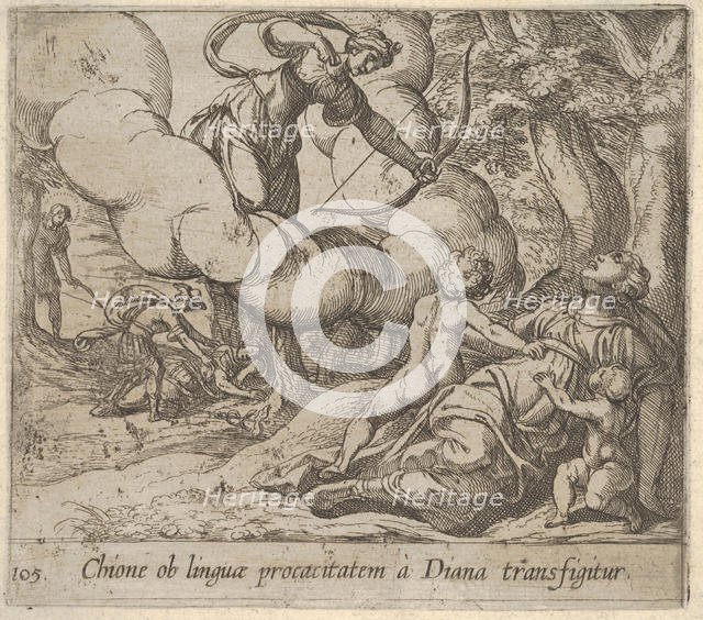 Plate 105: Diana aiming her bow toward Chione, who is accompanied by two children, in anot..., 1606. Creator: Antonio Tempesta.