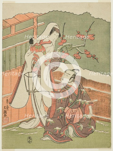 The Actors Arashi Sangoro II as Minamoto no Yoritomo Disguised as the Hat Maker..., c. 1770. Creator: Ippitsusai Buncho.