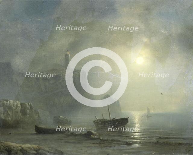 View of a Rocky Coast by Moonlight, 1830-1880. Creator: Theodore Gudin.