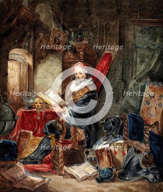 An alchemist reading in a romanticised laboratory setting, 19th century. Creator: Unknown.