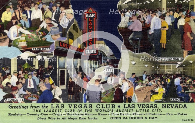'Greetings from the Las Vegas Club, Las Vegas, Nevada', postcard, 1940. Artist: Unknown