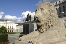 Reclining lion and statue of Prince Jozef Poniatowski, Presidential Palace, Warsaw, Poland, 2013 Creator: LTL.