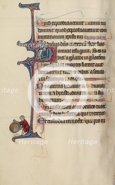 Initial D: A Man Threshing Wheat with a Flail; Bute Psalter, text and illumination about 1285. Creator: Bute Master.