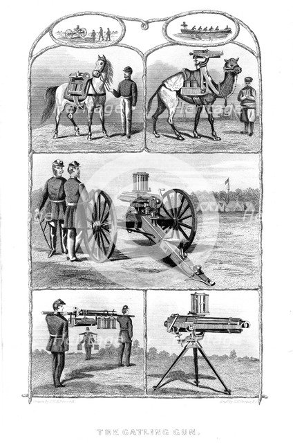 Gatling rapid fire guns, 1862. Artist: William George Armstrong